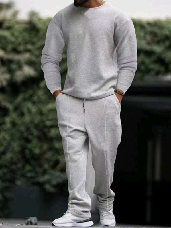 Men's long-sleeved round-neck casual suit in solid color, autumn-winter knit, polyester blend.
