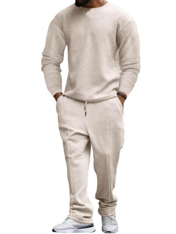 Men's casual suit with long sleeves and trousers, round-neck design, solid pattern, autumn-winter knitwear.