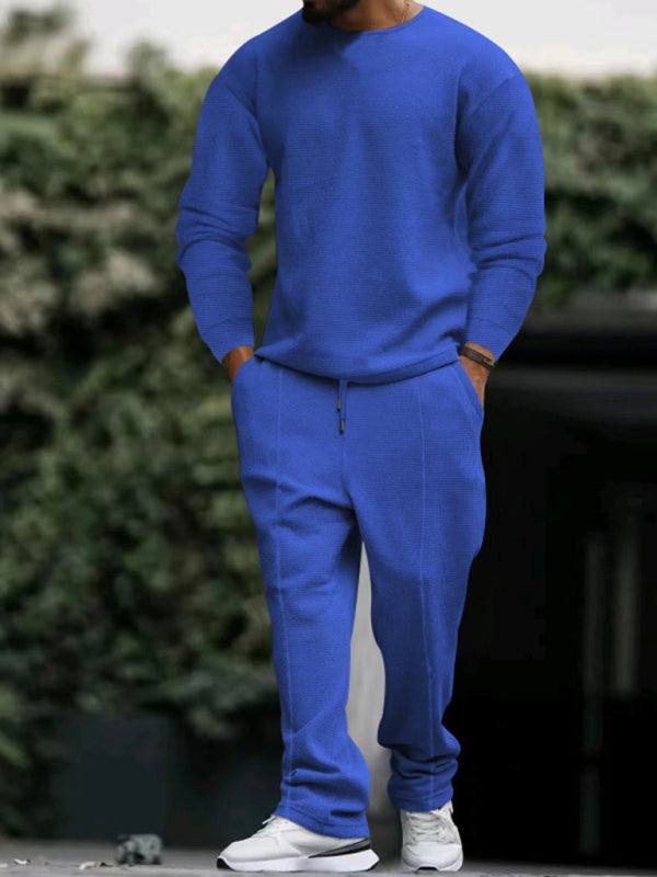 Men's blue long-sleeved round-neck casual suit, solid pattern, autumn-winter knit leisurewear.