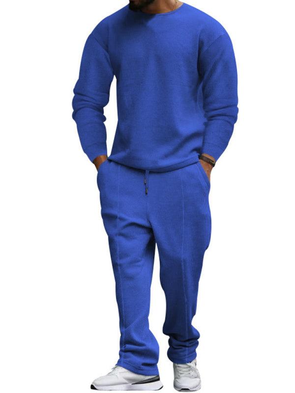 Men's long-sleeved round-neck casual suit in blue, autumn-winter knitwear.
