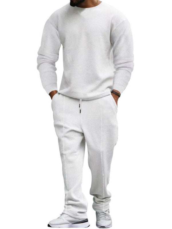 Men's long-sleeved round-neck casual suit, autumn-winter, polyester blend, solid pattern.