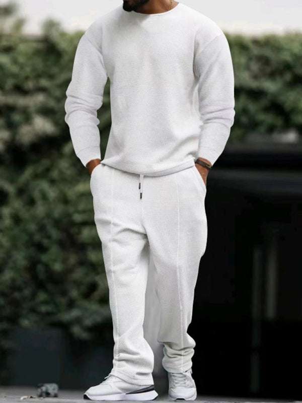 Men's long-sleeved round-neck suit, solid color casual design, polyester knit, autumn-winter style.