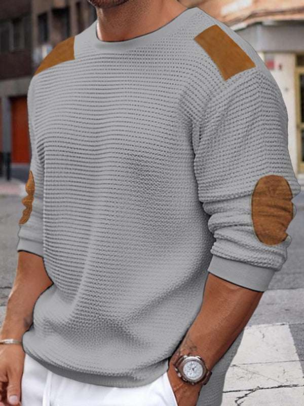 Men's autumn winter patchwork textured sweater, polyester knit, dropped shoulder sleeves.