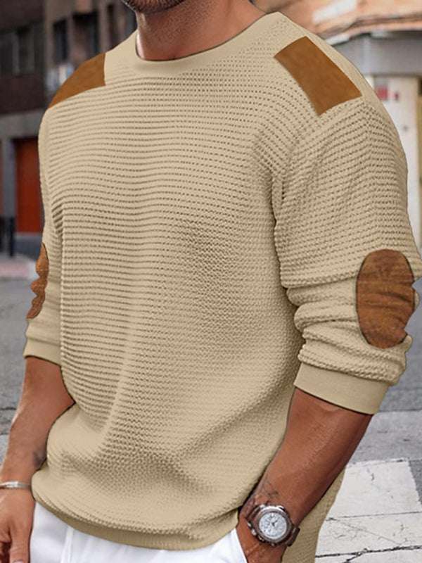 Men's autumn-winter patchwork textured sweater with dropped shoulder sleeves.