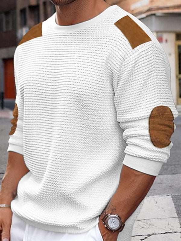 Men's autumn-winter patchwork textured sweater with brown shoulder and elbow patches, knit design.