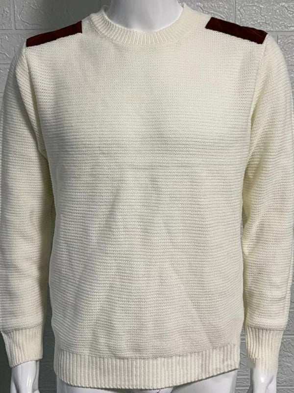 Men's textured knit sweater in white with patchwork detail, autumn-winter style.