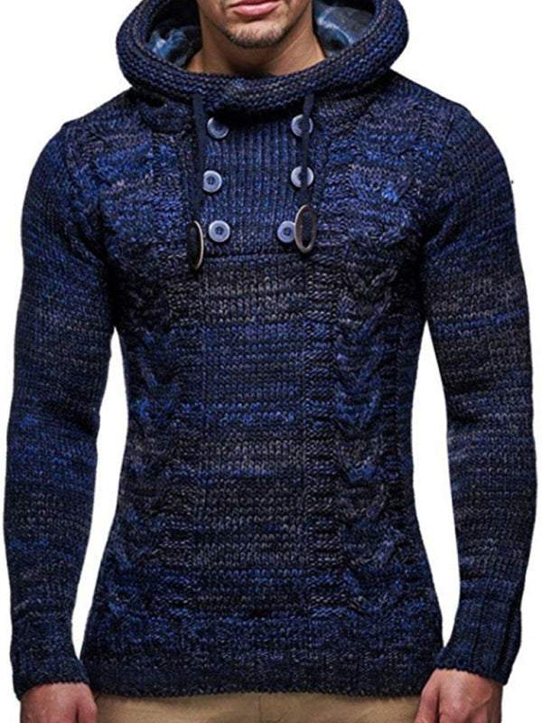 Men's casual knit button-up turtleneck sweater in navy with self design.
