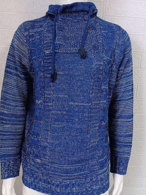 Men's casual knit button-up turtleneck sweater, blue, with dropped shoulder sleeves and self-design pattern.