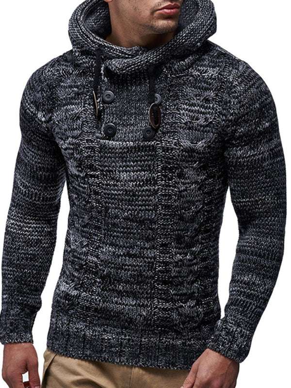 Men's casual knit button-up turtleneck sweater, black, knit pattern, autumn-winter wear.