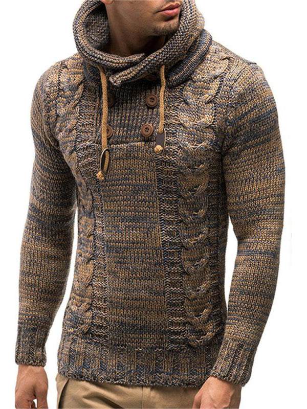 Men's casual knit button-up turtleneck sweater with self-design pattern and dropped shoulder sleeves.