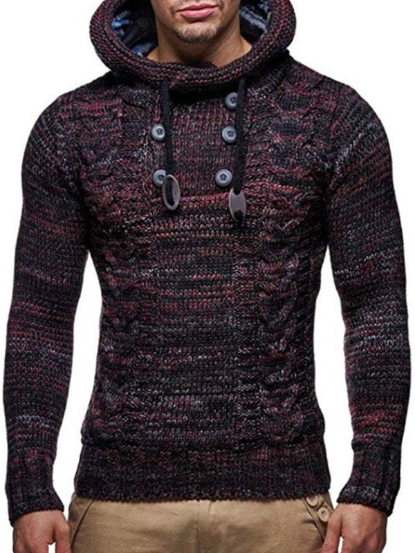 Men's casual knit button-up turtleneck sweater in black with dropped shoulder sleeves.