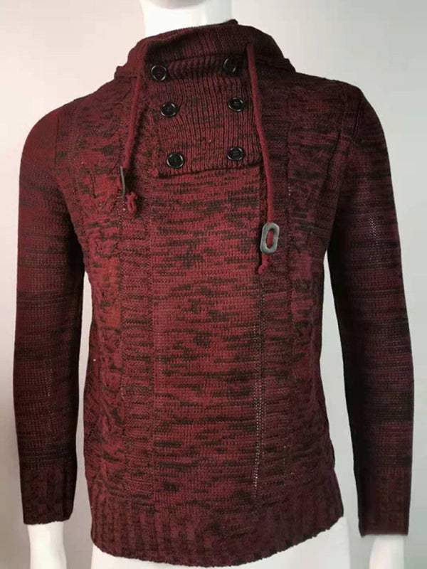 Men's casual knit button-up turtleneck sweater in maroon with self-design pattern, featuring dropped shoulder sleeves, ideal for autumn-winter.