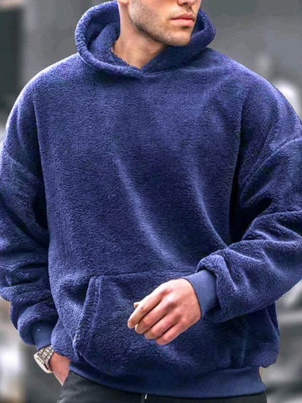 Men's fashionable casual plush hooded sweatshirt in blue, perfect for autumn-winter.
