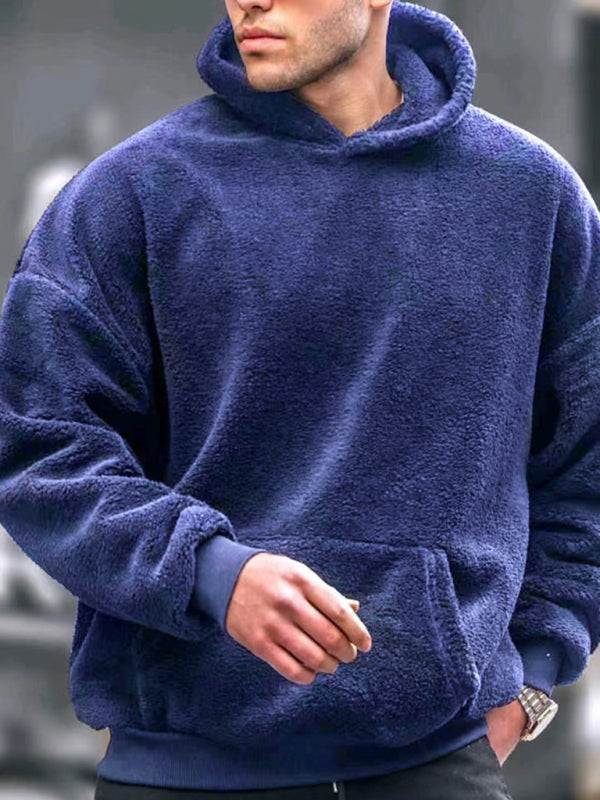 Men's fashionable casual plush hooded pullover sweatshirt in navy blue.
