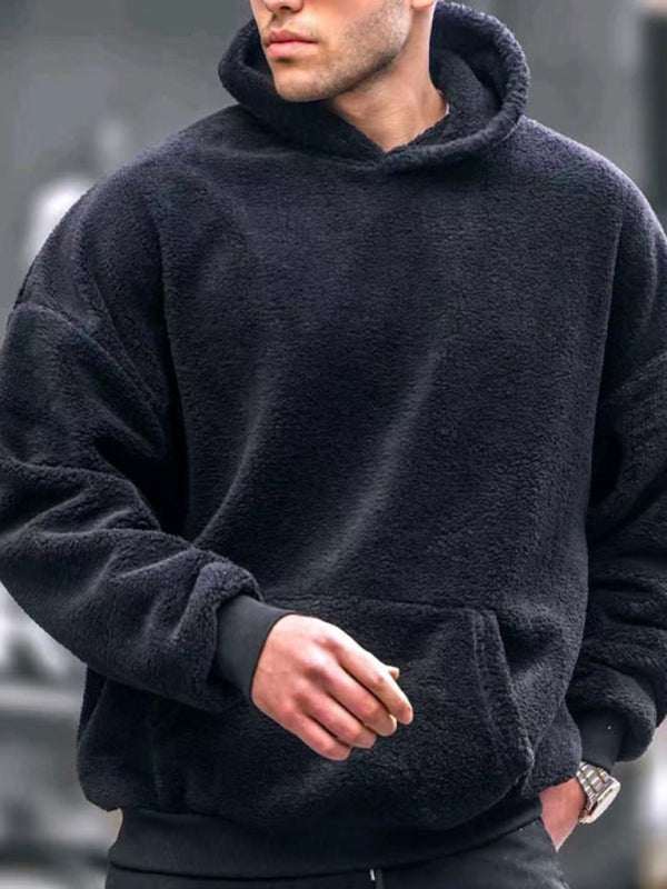 Men's fashionable casual pullover plush hooded sweatshirt, solid black, autumn-winter polyester.