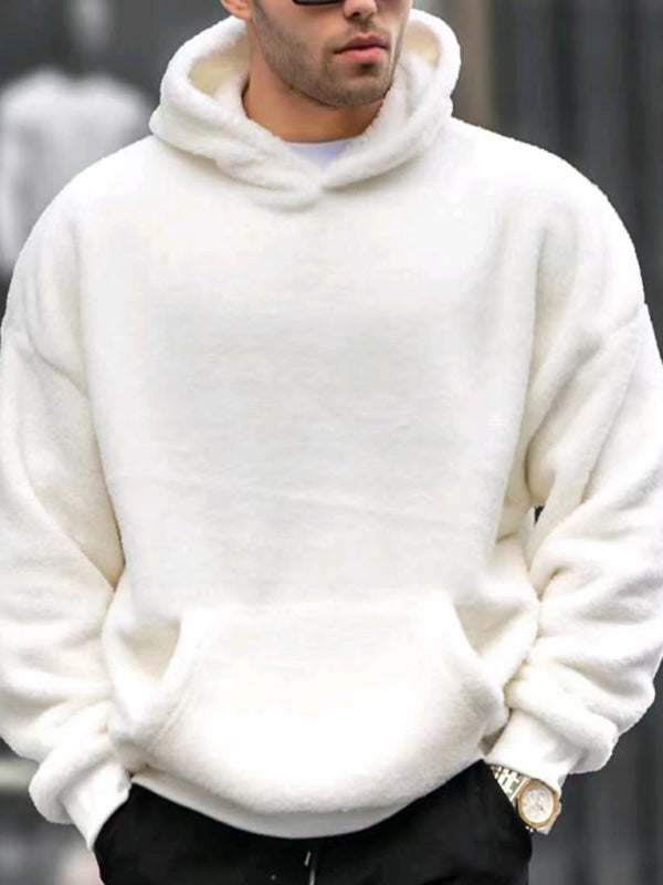 Men's fashionable casual pullover plush hooded sweatshirt, autumn-winter style, solid pattern.