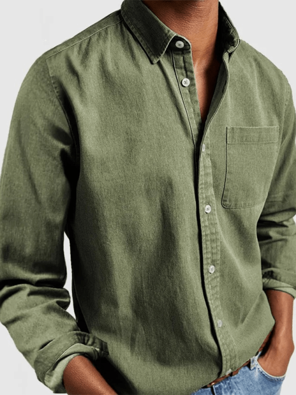 Long sleeve lapel men's shirt in solid green, polyester-spandex blend, autumn-winter style.
