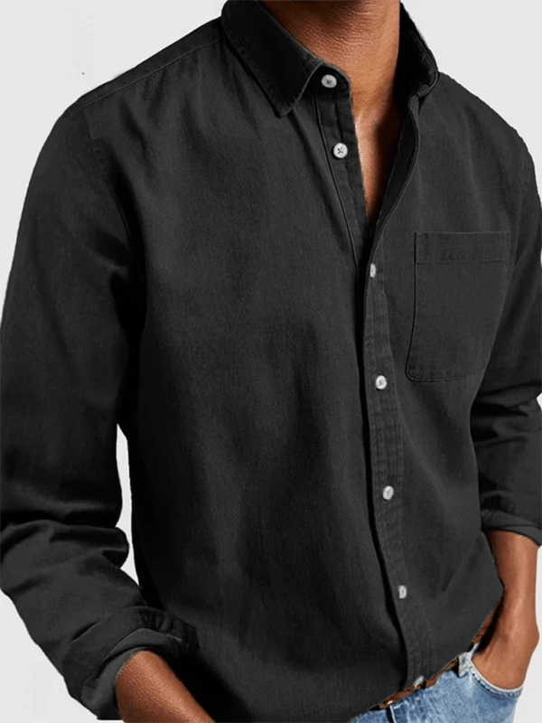 Long sleeve lapel men's shirt, solid black, polyester material.