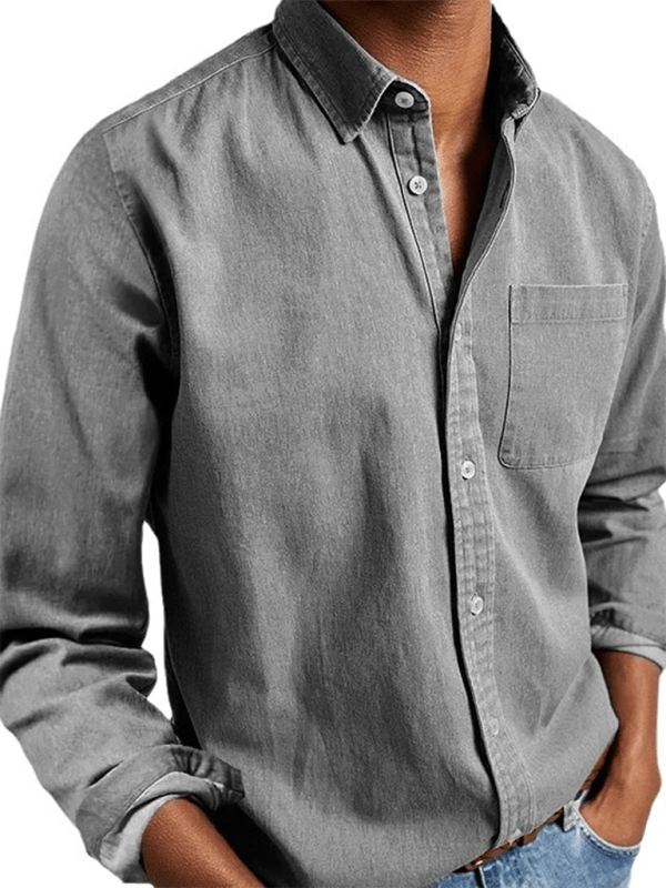 Long sleeve lapel men's shirt in solid color with welt pocket.