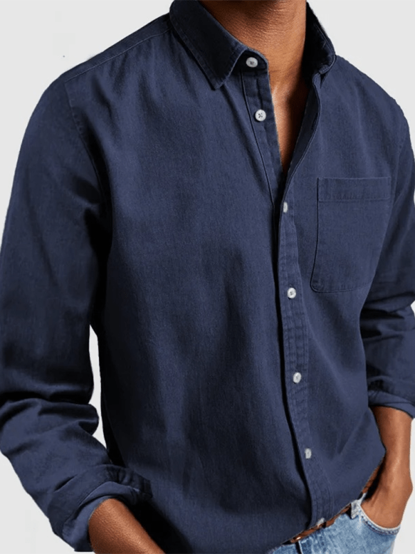 Long sleeve navy lapel men's shirt with pocket, casual autumn-winter style.
