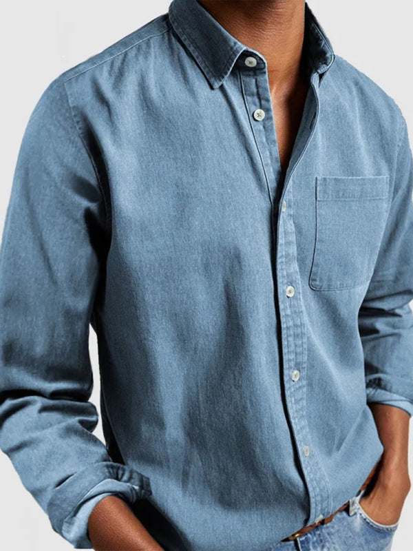 Long sleeve lapel men's shirt in solid blue color.
