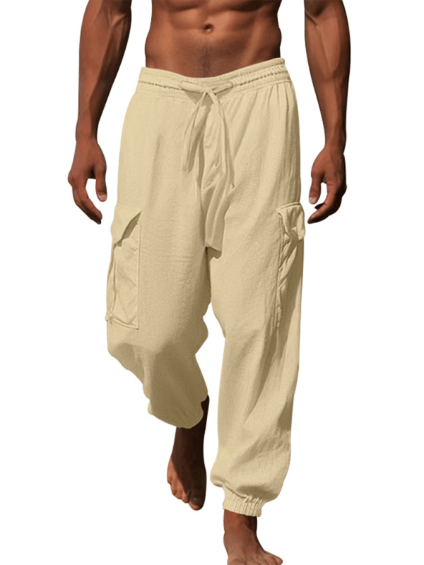 Casual cuffed multi-pocket drawstring trousers in beige.