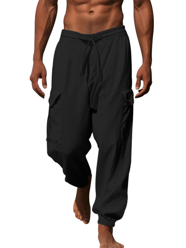 Casual cuffed multi-pocket drawstring trousers, black, 100% cotton, spring-summer style.