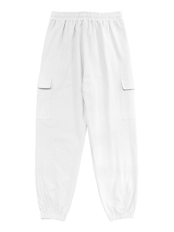 Casual white cuffed multi-pocket drawstring trousers in 100% cotton for spring-summer season.