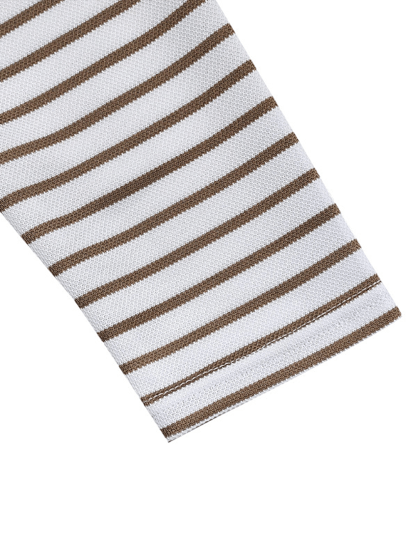 Long sleeve Henley shirt with horizontal stripes and round neck detail.