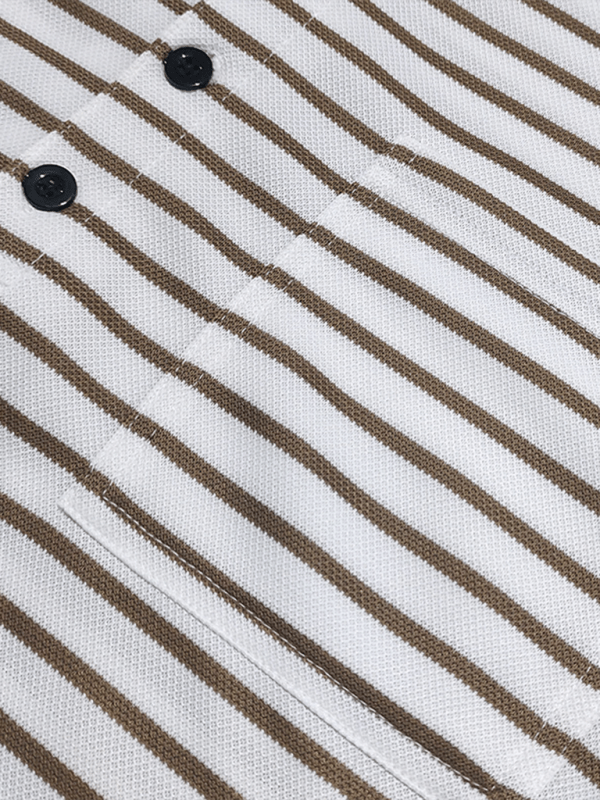 Long sleeve casual striped Henley shirt fabric close-up with buttons.