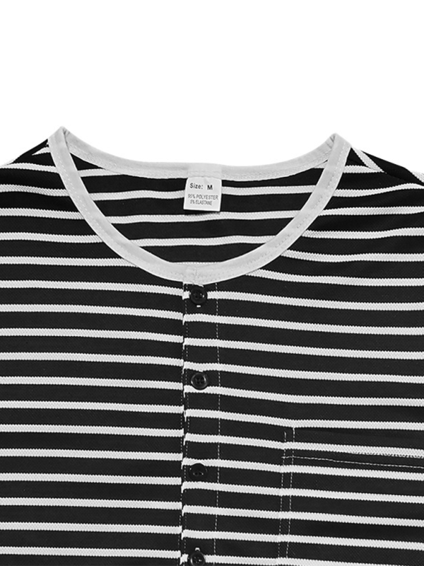 Long sleeve striped henley shirt, round neck, black and white pattern.