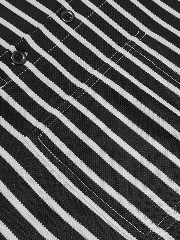 Long sleeve Henley shirt with horizontal stripes and button detail on textured fabric.