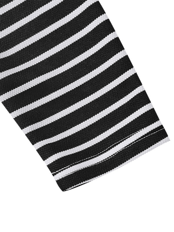 Long sleeve striped Henley shirt in black and white knit fabric.