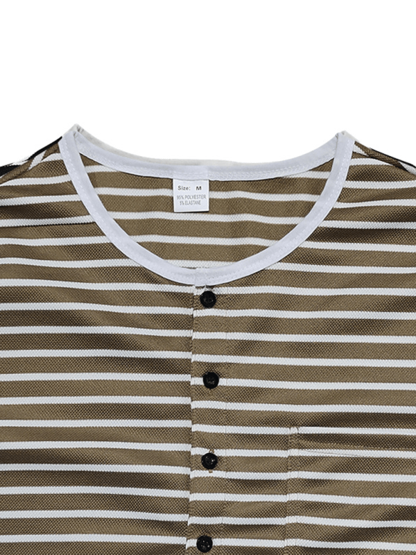 Long sleeve horizontal striped Henley shirt with round neck and button details.