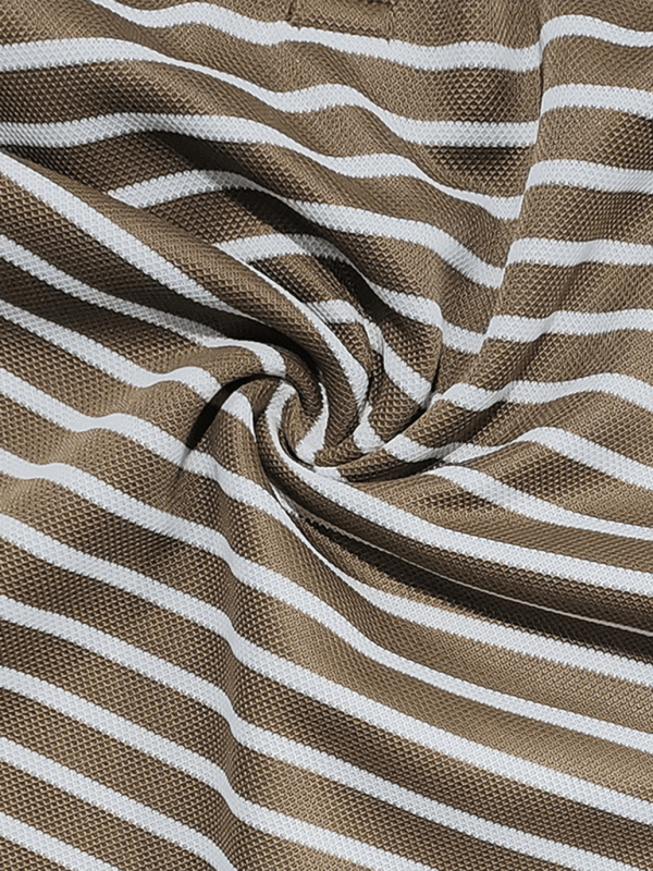 Long sleeve Henley shirt with casual horizontal stripes, polyester fabric detail.