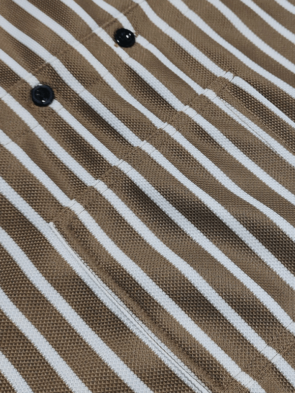 Long sleeve Henley shirt with brown and white horizontal stripes, knit fabric detail.