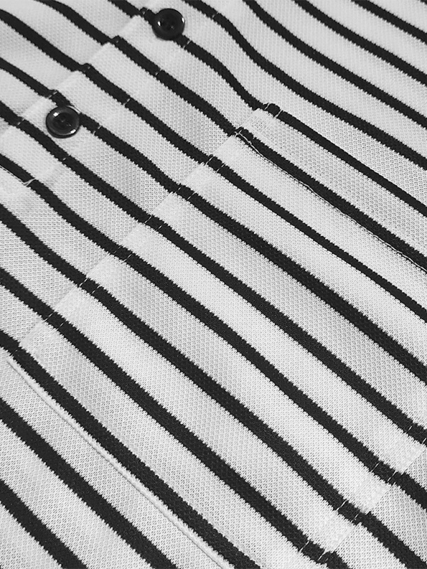 Long sleeve Henley shirt with horizontal stripes and round neck detail.