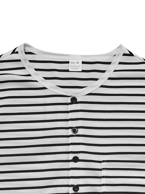 Long sleeve horizontal striped Henley shirt with round neck and buttons.