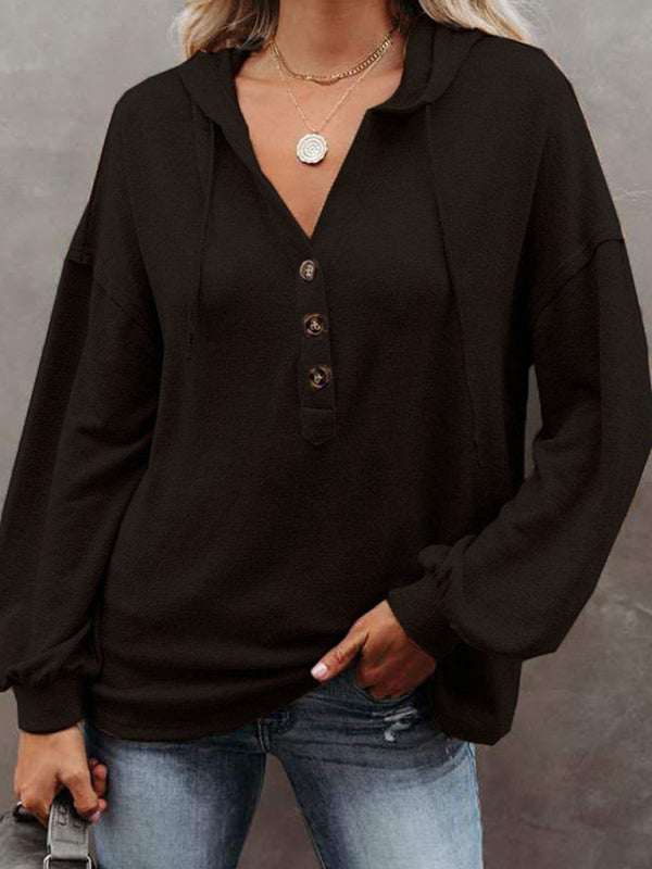 Women's cardigan hoodie with button placket, casual loose fit, solid color sweatshirt.
