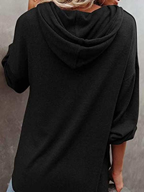 Women's black cardigan hoodie, casual loose fit, solid color sweatshirt.
