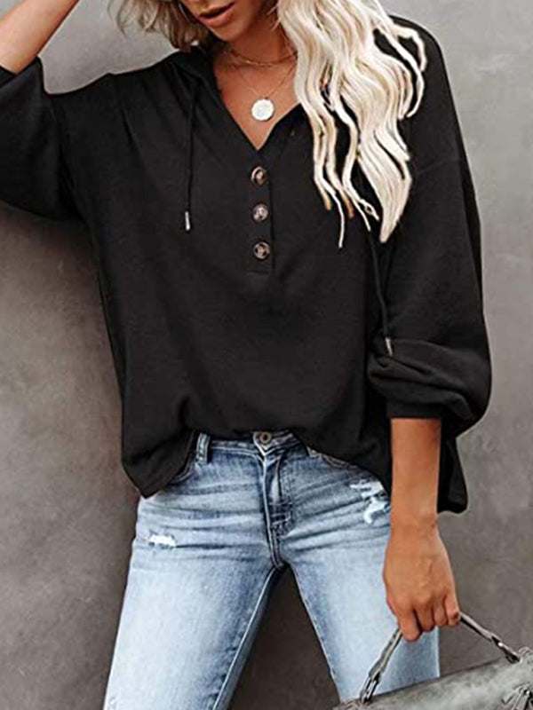 Women's black cardigan hoodie, casual loose fit, solid color sweatshirt with button placket and lantern sleeves.