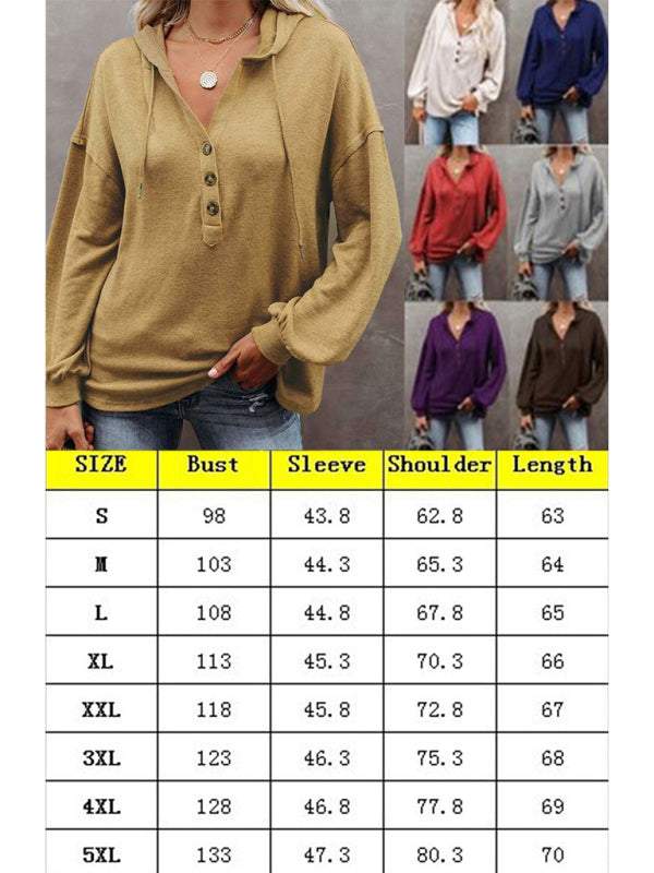 Women's cardigan hoodie in various colors and sizes with casual loose fit and solid color design, featuring a v-neck and lantern sleeves.