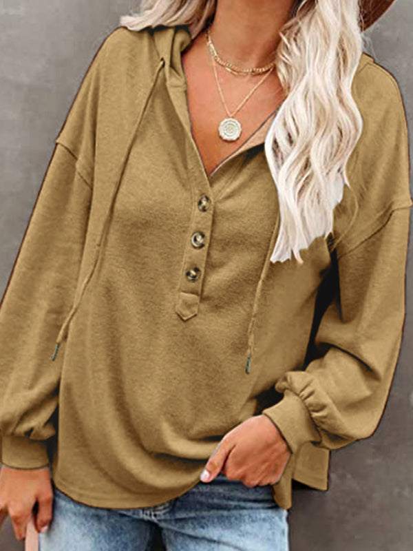 Women's casual loose cardigan hoodie in solid color with v-neck and lantern sleeves.
