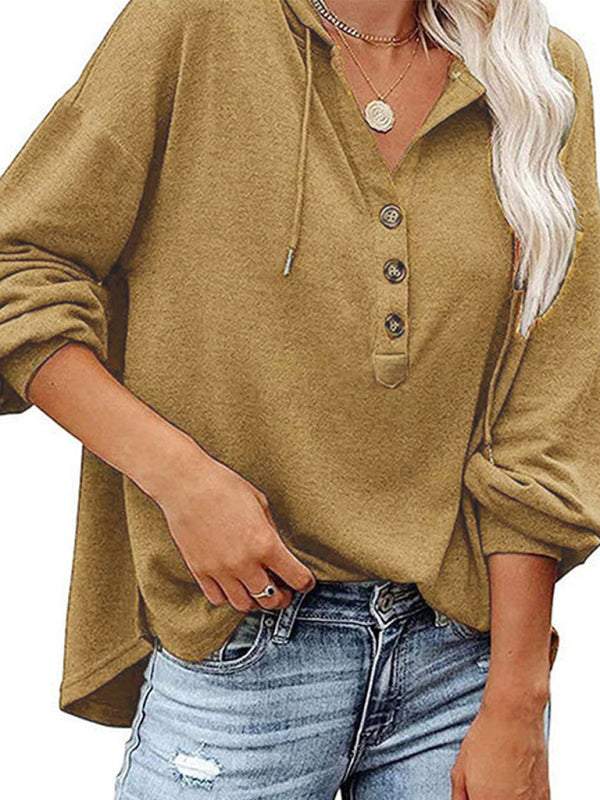 Women's casual loose solid color cardigan hoodie sweatshirt with V-neck and button details.