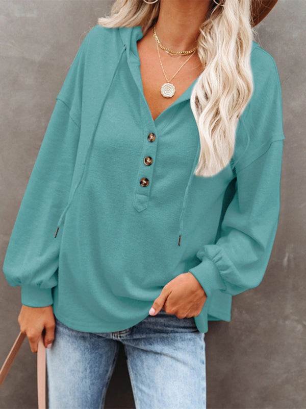 Women's cardigan hoodie, casual loose solid color sweatshirt, V-neck, spring-summer style.