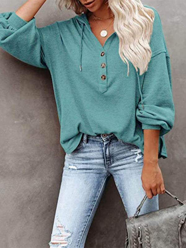 Women's cardigan hoodie, casual loose solid color sweatshirt, V-neck, breathable fabric.