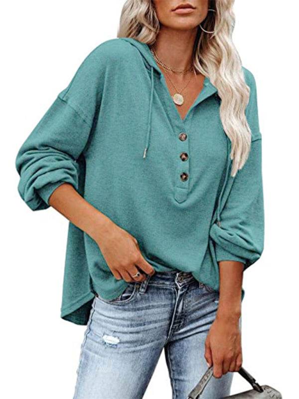 Women's cardigan hoodie, casual loose solid color sweatshirt with button placket and lantern sleeves.