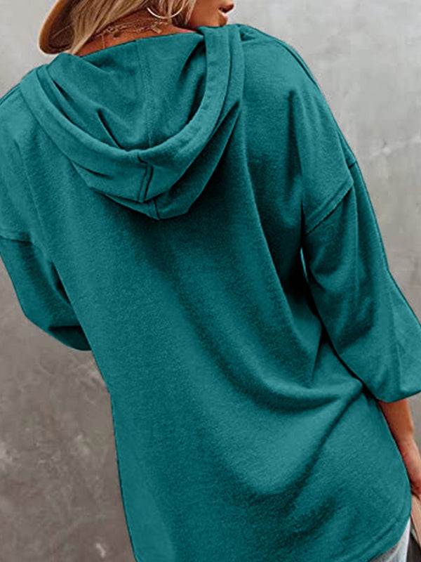Women's teal cardigan hoodie, casual loose fit, solid color sweatshirt.