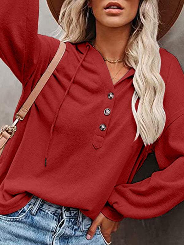 Women's cardigan hoodie in solid color with button detail, casual loose fit for spring-summer.