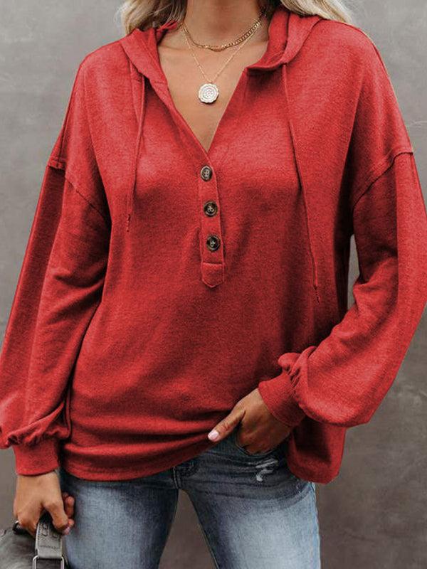 Women's cardigan hoodie in red, casual loose fit with solid color, featuring a V-neck and half button placket design.